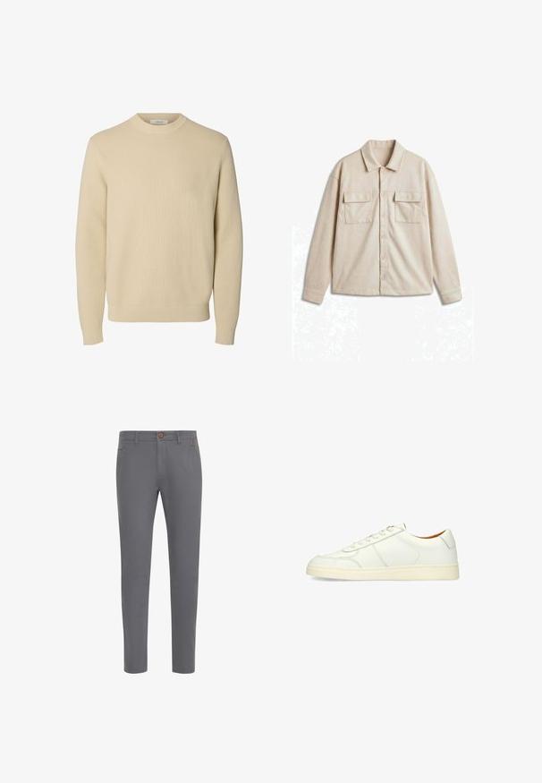 Effen beige ronde hals gebreide trui met lange mouwen en geribde boorden en zoom.; Beige overhemd met lange mouwen, knopen, kraag en twee klepzakken op de borst, plat uitgestald op een witte achtergrond.; Grijze katoenen broek met een aansluitend ontwerp, voorzien van een knoopsluiting, standaardzakken en een gladde textuur.; Witte leren sneaker met lage enkel, veters aan de voorkant en crèmekleurige rubberen zool, gezien vanaf de linkerkant op een witte achtergrond.