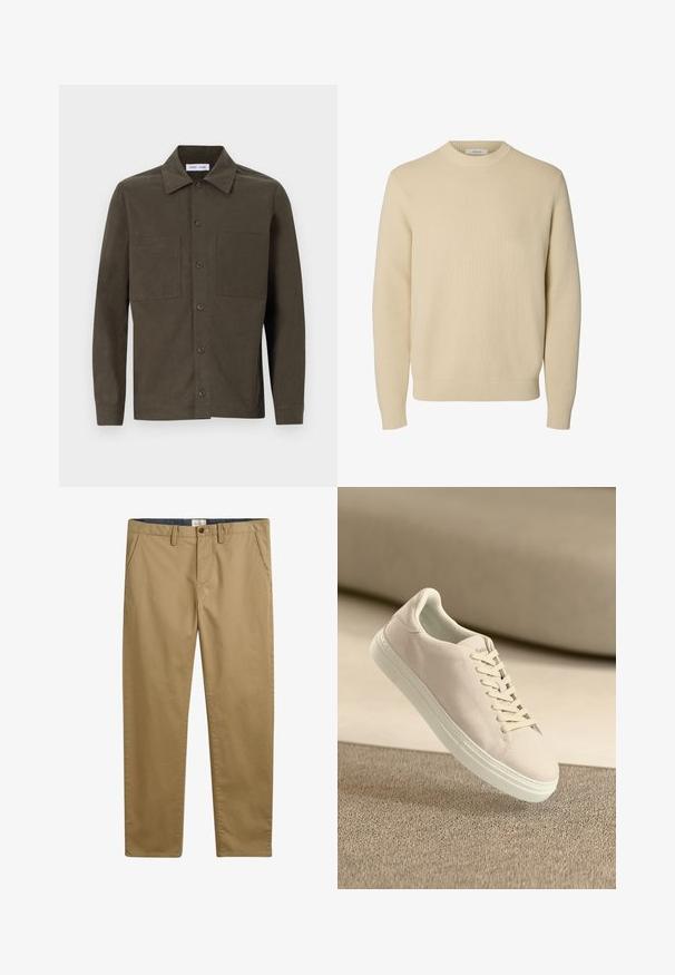 Enkel beige crewneck striktrøje med lange ærmer og ribstrikkede manchetter og kant.; Mørkegrøn, langærmet skjorte lavet af glat stof, med spidse kraver, frontknapper og to brystlommer.; Khaki bomuldsbukser med lige pasform, der har sidelommer, knaplukning og et struktureret stof.; Beige ruskinds sneakers med hvid sål og snørebånd, vist svævende over tekstureret beige tæppe mod en blød beige baggrund.