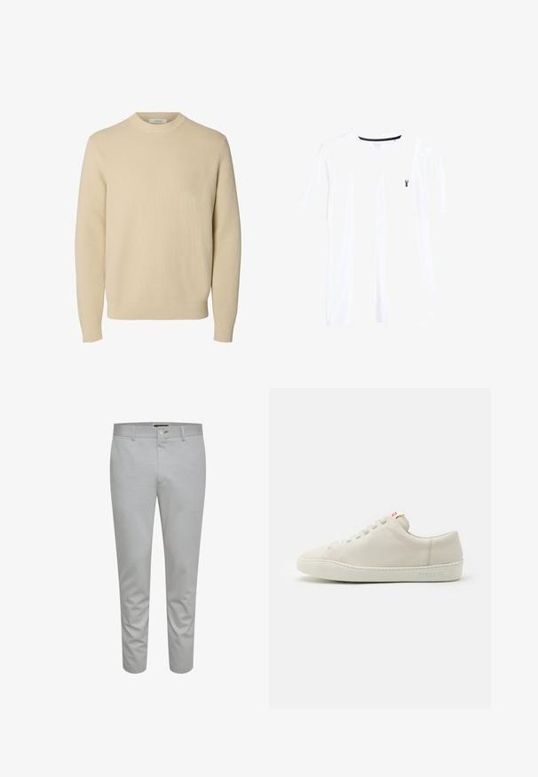 Jersey de punto beige liso con cuello redondo, mangas largas y puños y bajo acanalados.; Camiseta de algodón blanca con cuello redondo, mangas cortas y un pequeño logo de langosta en color marino en el lado izquierdo del pecho. Textura suave, corte casual.; Pantalones ajustados de color gris claro con una textura suave, que cuentan con un cierre de botón, trabillas para cinturón y bolsillos frontales. Diseño recortado a la altura del tobillo.; Zapatilla de cuero blanca con punta redondeada, suela blanca plana y un diseño de cordones minimalista. Presenta un sutil logo grabado en el costado.