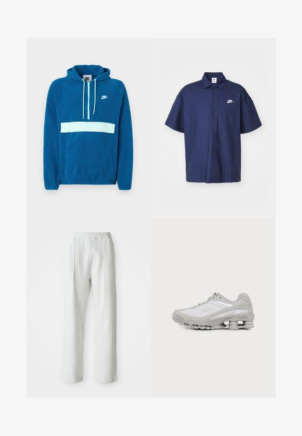 Sinise fliisist kapuutsiga sviiter, millel on helesinine paneel ja tasku. Omab känguru taskut ja valget Nike logo rinnal.; Tumesinine lühikeste varrukatega nööpidega särk, millel on kortsus tekstuur ja valge Nike logo vasakul rinnal. Omab standardset kraed ja musti nööpe.; Valged juhuslikud püksid elastse vöökoha ja suurte esipastalaukudega, esitatud ühe lihtsa heleda tausta taustal.; Hall-valge spordijalats nähtava õhkmadratsi ja võrgust detailidega, esitatud küljepildina lihtsal heledal taustal.
