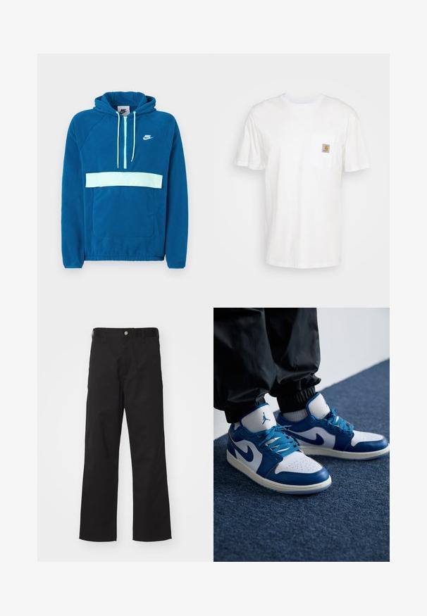 Hoodie van blauwe fleece met een lichtblauwe paneel en zak. Voorzien van een kangoeroezak en wit Nike-logo op de borst.; Witte katoenen t-shirt met korte mouwen, een borstzak en een klein vierkant logo-opdruk in oranje en wit op de zak.; Zwarte broek van duurzame stof met een rechte pasvorm, voorzien van een knoopsluiting aan de voorkant, riemlussen en zonder zichtbare patronen of accenten.; Nike Air Jordan sneakers hebben een witte leren basis met blauwe synthetische accenten, een geperforeerde neusdoos en blauwe veters.