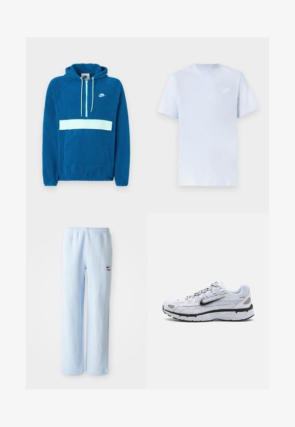 Sinise fliisist kapuutsiga sviiter, millel on helesinine paneel ja tasku. Omab känguru taskut ja valget Nike logo rinnal.; Hele sinine puuvillane t-särk lühikeste varrukatega, ümar kaelus ja valge Nike logo trükituna vasakul rinnal. Sile tekstuur, lihtne disain.; Heledad sinised dressipüksid elastse vaherindega, millel on väike punane Nike logo ja "Athletic Department" tekst. Pehme puuvillane materjal.; Valge jooksutoss, millel on võrkmaterjalist pealis, ümar varvas, mustad aksessuaarid ja mustriline tall. Omab paeltega kinnitamist ja brändingut külgedel.