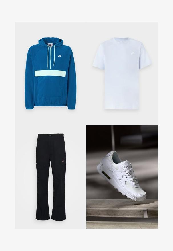 Sweatshirt à capuche en polaire bleue avec un panneau bleu clair et une poche. Comprend une poche kangourou et un logo Nike blanc sur la poitrine.; T-shirt en coton bleu clair avec des manches courtes, col rond, et un logo Nike blanc imprimé sur la poitrine gauche. Texture lisse, design simple.; Pantalons cargo noirs avec une coupe droite, fabriqués en tissu durable, dotés de poches latérales et d'un logo en patch sur le côté gauche.; Sneaker Nike Air Max 90 blanche avec une tige en mesh et cuir, une boîte à orteils perforée et une unité air visible au talon.