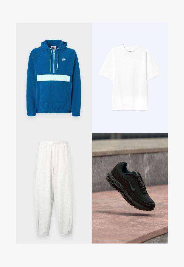 Kapuzensweatshirt aus blauem Fleece mit einem hellblauen Einsatz und Tasche. Verfügt über eine Kangaroo-Tasche und ein weißes Nike-Logo auf der Brust.; Schlichtes weißes T-Shirt mit kurzen Ärmeln und Rundhalsausschnitt in entspannter Passform, auf hellem Hintergrund dargestellt.; Hellgraue Sweatpants aus weichem Stoff, mit einem elastischen Bund, schmal zulaufenden Beinen und Fußbündchen. Einfaches Design ohne Muster.; Schwarzer Nike Air Max Sportschuh, der über einer Steinoberfläche schwebt, vor einem unscharfen Steinwand-Hintergrund.