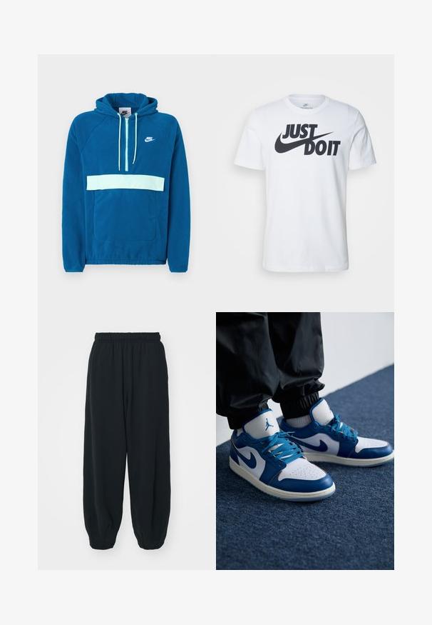 Kapuzensweatshirt aus blauem Fleece mit einem hellblauen Einsatz und Tasche. Verfügt über eine Kangaroo-Tasche und ein weißes Nike-Logo auf der Brust.; Weißes Baumwoll-T-Shirt mit einem auffälligen schwarzen "Just Do It"-Logo und Nike-Swoosh. Klassisches Rundhalsausschnitt-Design mit kurzen Ärmeln.; Schwarze Sweatpants mit elastischem Bund, lockerer Passform, gerippten Beinabschlüssen, glatter Textur und ohne sichtbare Muster oder Hardware-Akzente.; Die Nike Air Jordan Sneakers verfügen über eine weiße Lederbasis mit blauen synthetischen Akzenten, einer perforierten Zehenbox und blauen Schnürsenkeln.