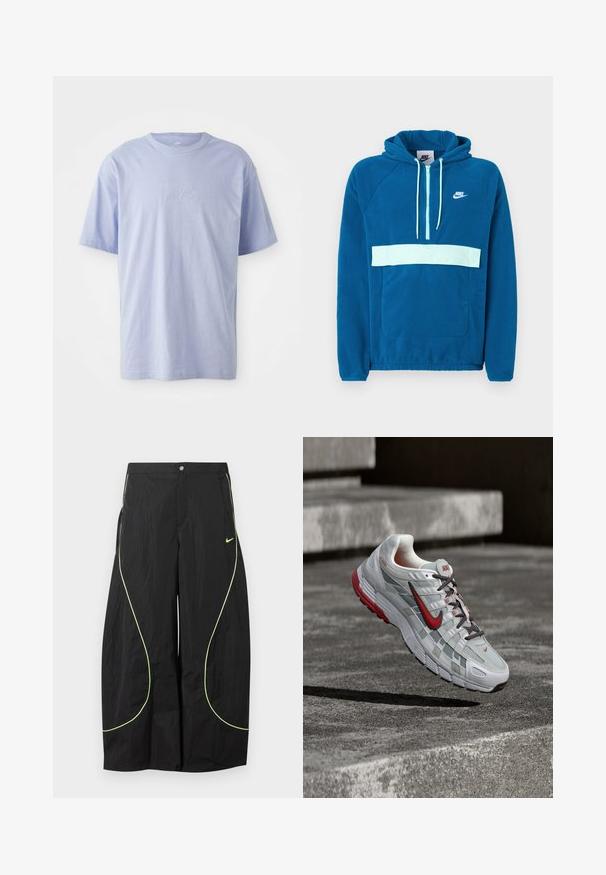 Hoodie van blauwe fleece met een lichtblauwe paneel en zak. Voorzien van een kangoeroezak en wit Nike-logo op de borst.; Lichtblauwe katoenen T-shirt met een ronde hals en korte mouwen. Kenmerkt zich door een reliëf "nike" logo op het midden van de voorkant. Zachte textuur.; Zwarte wijde Nike-broek met neon groene gebogen biezen en klein Nike-swoosh-logo op de rechterdij, knoop- en ritssluiting in de taille.; Witte en grijze Nike hardloopschoen met rode accenten en zwarte veters, hangend boven grijze betonnen treden.