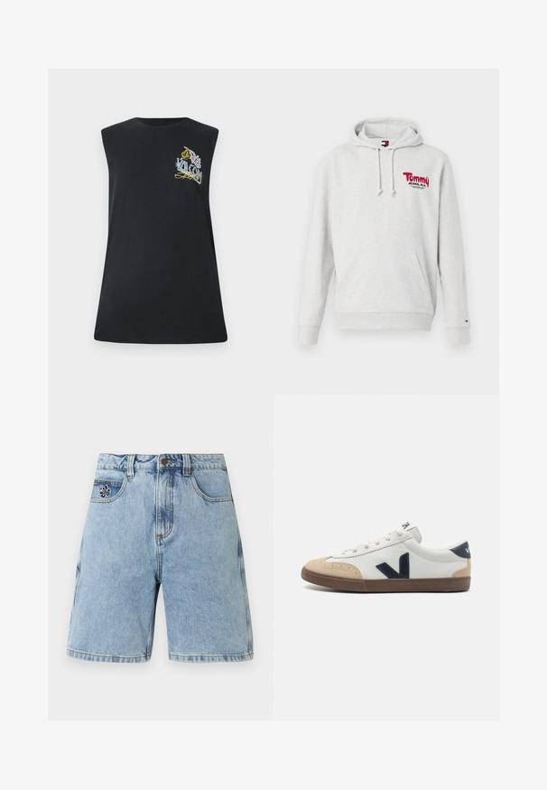 Harmaa huppari, jossa on kiristysnyörit, etutasku ja punainen "Tommy Jeans, N.Y." -logo. Pehmeä kangas ja ribattu hihansuiden ja helmansuojuksen reuna.; Mustat hihattomat T-paidat, jotka on valmistettu puuvillasta, ja jossa on värikäs kirjailtava graafinen elementti rinnassa. Suora leikkaus ja pyöreä kaula-aukko.; Vaaleansiniset farkkushortsit, joissa on vyölenkit, edessä nappi ja vetoketju, viisi taskua sekä pieni mustavalkoinen kukkaommel etutaskussa.; Valkoiset nahkakengät, joissa on beigellä varvaskärki, tummansininen sivuttainen "V"-logo ja ruskea kumipohja. Varustettu ympyrälankarvoilla ja tekstuuripinnoilla.