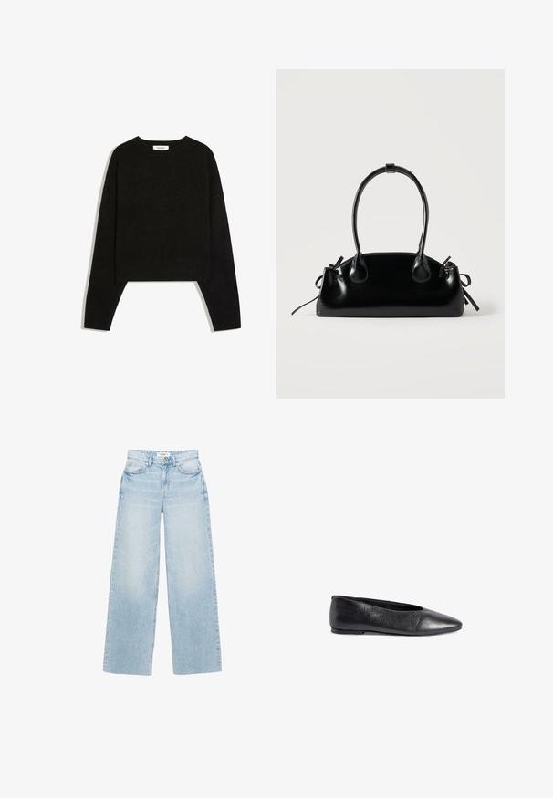Pull noir à manches longues avec col rond, poignets et ourlet côtelés, posé à plat sur un fond blanc.; Jean large à lavage clair en denim. Caractérisé par une taille haute, cinq poches et une fermeture éclair avec bouton. Texture légèrement usée.; Ballerine plate en cuir noir avec un bout pointu, une texture lisse, un design minimaliste et un petit talon pour la stabilité.; Petit sac à main noir brillant avec deux longues anses et des détails à cordon sur les côtés sur un fond clair uni.