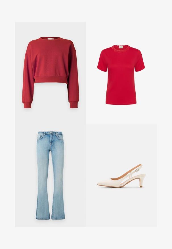 Rød cropped sweatshirt med lange ærmer, ribstrikkede manchetter og kant, vist mod en ensfarvet hvid baggrund.; Rød t-shirt med kortærmer og rund halsudskæring, der har en tekstureret blondertrim. Fremstillet af et ribbet stof med en glat overflade.; Lyseblå denimjeans med høj talje, frontknap og lynlås, fem lommer og udvidede ben mod en ensfarvet baggrund.; Hvide slingback hæle med spids tå, glat overmateriale, lav blokhæl og sideudskæringsdesign med justerbar spænderem.