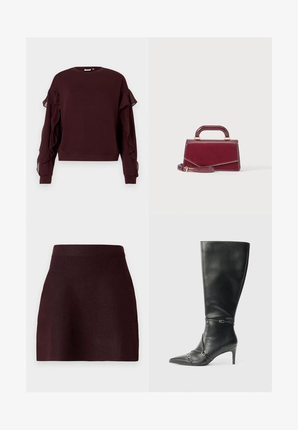 Sudadera de manga larga burdeos oscuro con detalles de volantes transparentes en las mangas y puños y dobladillo acanalados.; Mini falda burdeos con una cinturilla ajustada, textura suave y una silueta acampanada. Diseño sencillo sin patrones ni detalles metálicos.; Botas negras de cuero hasta la rodilla con tacón delgado, punta afilada y detalles de diseño con correas en el tobillo. Textura suave y diseño ajustado.; Pequeño bolso burdeos brillante con asa superior y correa de hombro desmontable, exhibido sobre un fondo claro y liso.