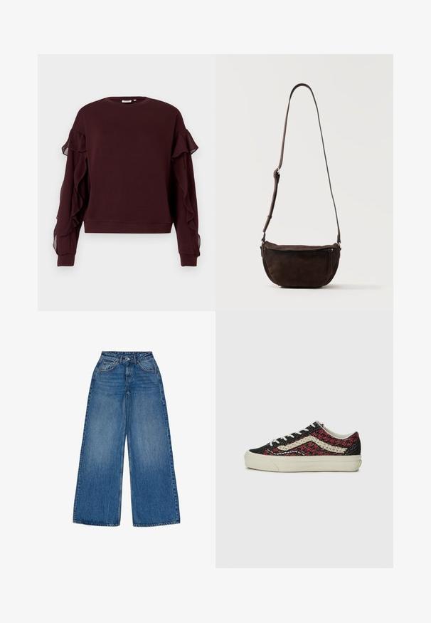 Mørkeburgunder langærmet sweatshirt med gennemsigtig flæsedetalje langs ærmerne samt ribbestrikkede manchetter og kant.; Bredde jeans i blå denim med høj talje, featuring en frontknaplukning, kontrastfarvet orange stikninger og klassisk fem-lomme design.; Vans OLD SKOOL 36 UNISEX - Sneakers - bordeaux; Mørkebrun ruskind skuldertaske med justerbar rem og frontlynlås-lomme, stående mod en ensfarvet lys baggrund.