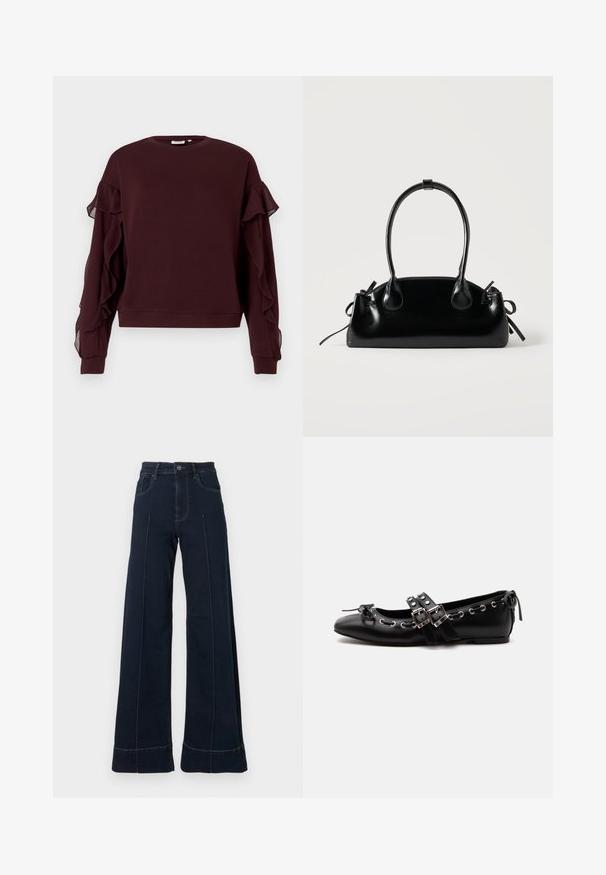 Dunkelburgunderfarbene langärmlige Sweatshirt mit transparenten Rüschendetails an den Ärmeln sowie gerippten Bündchen und Saum.; Dunkelblaue, weit geschnittene Jeans mit hoher Taille, die über Fronttaschen und sichtbare Nähte verfügt. Aus Denim-Stoff mit glatter Textur gefertigt.; Schwarzer flacher Ballettschuh mit doppelten Schnallenriemen, silbernen Ösen und einer kleinen Schleife nahe der abgerundeten Spitze auf weißem Hintergrund.; Kleine schwarze glänzende Handtasche mit zwei langen Griffen und seitlichen Kordelzug-Details vor einfachem hellem Hintergrund.