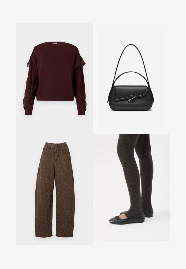 Mørkeburgunder langærmet sweatshirt med gennemsigtig flæsedetalje langs ærmerne samt ribbestrikkede manchetter og kant.; Brune leopardmønstret vidde ben jeans med høj talje, knaplukning og to forlommer. Fremstillet af denimstof med en glat overflade.; Ben iført mørke ribbede leggings kombineret med sorte balletsko med små sløjfedetaljer på hvid baggrund.; Sort læderhåndtaske med afrundede kanter, asymmetrisk klap, metalcirkulært spænde samt både korte og lange skulderstropper.