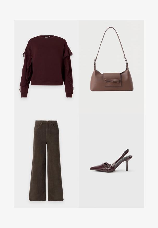 Sweatshirt long noir bordeaux à manches longues avec des détails en ruffles transparents le long des manches et des poignets et un ourlet côtelés.; Pantalons en velours côtelé larges marron foncé avec poches avant, passants de ceinture et fermeture à boutons à la taille.; Escarpin slingback en cuir verni bordeaux avec bout pointu, fine bride à la cheville et petit détail décoratif de boucle. Texture lisse et talon haut.; Sac à bandoulière en cuir marron avec une poche à rabat avant ornée d'un détail en forme de nœud cousu et une sangle réglable.