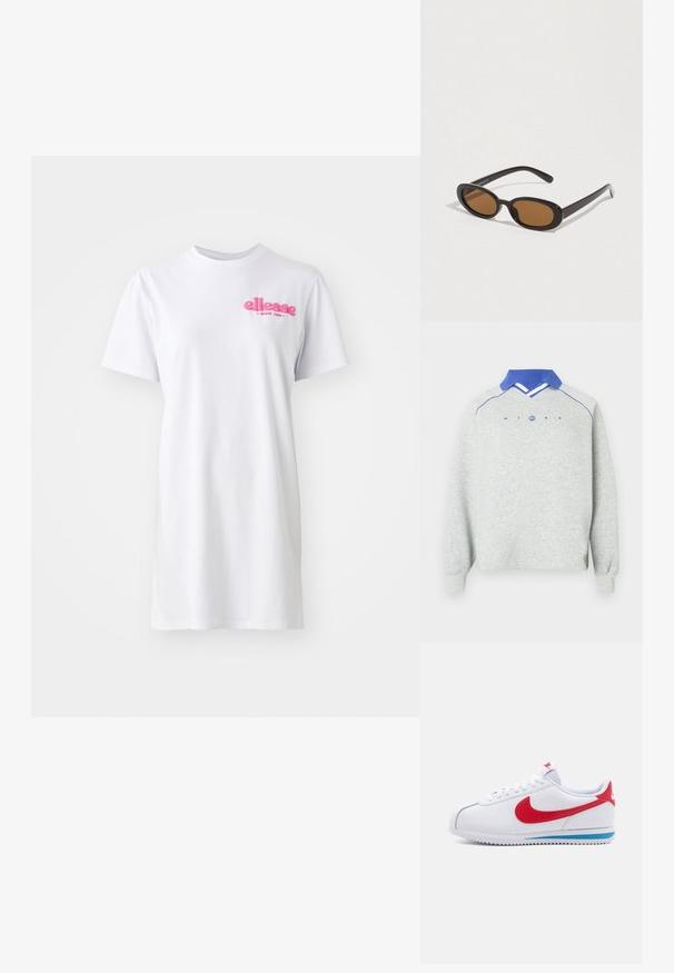 Svetlo šedý dlhý rukáv mikina s modrým golierom polo, modrým lemovaním na ramene a textom "NIKE" s kruhovým logom na hrudi.; Biele krátke tričko šaty s krátkym rukávom vyrobené z bavlny s okrúhlym výstrihom a ružovým logom "ellesse" na ľavej strane hrude.; Biele tenisky s červeným swooshom, modrým akcentom na podrážke a bielymi šnúrami. Štruktúrovaná horná časť s prešitými detailami. Klasický dizajn.; Slnečné okuliare s oválnymi hnedými šošovkami, čiernymi plastovými rámami a tenkými ramenami. Hladká textúra s minimalistickým dizajnom.