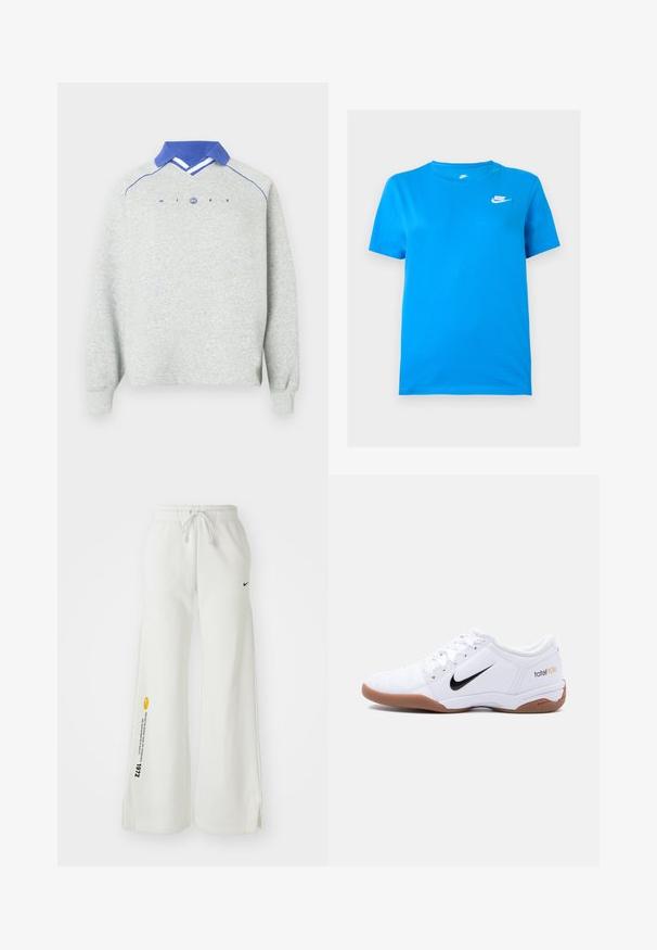 Lysegrå langærmet sweatshirt med blå polo-krave, blå piping på skuldrene og "NIKE"-tekst med et rundt logo på brystet.; Blå kortærmet Nike T-shirt med rund hals og hvidt Nike-logo på øverste venstre bryst mod en ensfarvet baggrund.; Hvide, brede sweatsbukser med elastisk talje, snøre, sidespalter, sort Nike-logo og kontrasterende gul grafisk tekst.; Hvid Nike Total 90 III indendørs fodboldstøvle med sort swoosh-logo og gummisål, vist fra siden på en ensfarvet baggrund.
