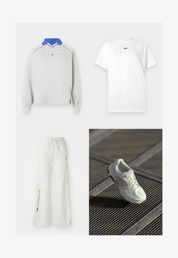 Hellgrauer Langarm-Sweatshirt mit blauem Polo-Kragen, blauen Paspelierungen an den Schultern und dem Schriftzug "NIKE" mit einem runden Logo auf der Brust.; Weißes T-Shirt mit kurzen Ärmeln und Rundhalsausschnitt, mit kleinem schwarzen Nike-Swoosh-Logo, das zentriert unter dem Halsausschnitt platziert ist.; Weiße, weit geschnittene Sweatpants mit elastischem Bund, Kordelzug, seitlichen Schlitzen, schwarzem Nike-Logo und kontrastierendem gelbem Grafiktext.; Weiße Nike-Laufschuhe mit Mesh- und synthetischem Obermaterial, die auf einem Metallgittersockel im sanften natürlichen Licht liegen.
