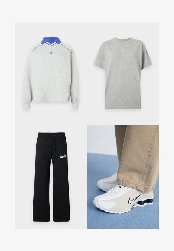 Helehall pikkade varrukatega sweatshirthall, millel on sinine polo krae, sinised äärised õlgadel ja rinnas "NIKE" tekst ning ringikujuline logo.; Hall lühikeste varrukatega puuvillane T-särk ümara kaelusega ja väikese valge Nike swoosh logo rinnal keskel.; Mustad pehmet materjali dressipüksid, millel on elastne vöökoht nööriga ja vasakul pool valge Nike'i logo.; Valged ja beežid Nike'i tossud, millel on perforatsioonimuster, must swoosh-logo, tekstuurne pealis ja eriline veniv must konts.