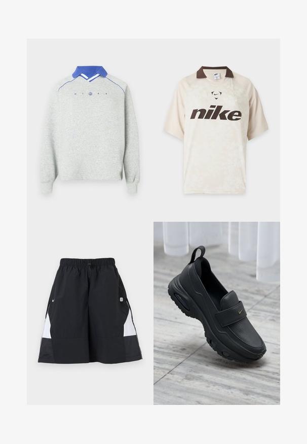Lichtgrijze sweatshirt met lange mouwen, blauwe polo-kraag, blauwe piping op de schouders en "NIKE"-tekst met een cirkelvormig logo op de borst.; Lichtbeige Nike shirt met korte mouwen, donkerbruine kraag en groot donkerbruin Nike-logo aan de voorkant.; Zwart-witte sportshorts met elastische tailleband en trekkoord, met Nike-swoosh en een klein patchlogo aan de rechterkant.; Zwarte lederen instapschoen met een platte zool, een gestructureerde afwerking, een gevoerde bovenzijde en een gouden logo-accent. Ontworpen voor comfort en gemakkelijke draagbaarheid.