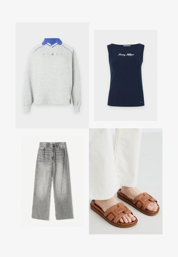 Svetlo šedý dlhý rukáv mikina s modrým golierom polo, modrým lemovaním na ramene a textom "NIKE" s kruhovým logom na hrudi.; Tmavomodré tielko bez rukávov s nápisom „Tommy Hilfiger“ na hrudi a malou logovou značkou pri spodnom okraji na jednofarebnom pozadí.; Džínsy s širokými nohavicami v vyblednutom čiernom denime s vysokým pásom, ktoré majú päť vreciek a kontrastný šev pre textúru.; Hnedé kožené šľapky s širokými krížovými popruhmi, polstrovanou podrážkou a hladkým povrchom, nosené s bielymi zamatovými nohavicami.