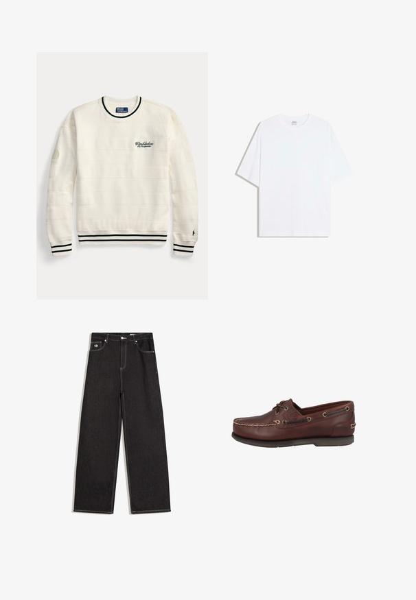 Pull blanc à manches longues avec broderie Wimbledon, rayures horizontales texturées, col, poignets et ourlet rayés verts et blancs, étiquette Polo Ralph Lauren.; T-shirt oversize en coton blanc avec un col rond et des manches courtes ; texture lisse, sans motifs ni accents visibles.; Jean noir à jambes larges avec surpiqûres blanches contrastantes, fermeture à bouton, passants pour ceinture, et design à cinq poches incluant une petite étiquette logo sur la poche avant.; Chaussure bateau en cuir marron à texture lisse, avec deux œillets et surpiqûres en cuir blanc le long de la partie supérieure. Semelle en caoutchouc crantée.