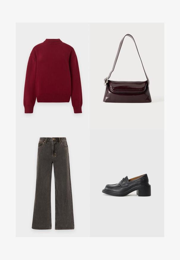 Bourgognefarvet strikket sweater med høj mock-neck, sænkede skuldre og ribstrikkede ærmegab og kant. Blød tekstur med almindelig pasform.; Bredde jeans i mørkegrå denim. Har høj talje, fem lommer og kontrasterende guld-syninger. Subtil slitage giver et struktureret udseende.; Sorte læderloafers med en tyk, rillede gummihæl. Har en rund tå og et vandret rem over vamps. Tekstureret sål.; Mørk bordeaux skuldertaske i læder med klaplukning og en tynd justerbar rem, vist på en ensfarvet lys baggrund.