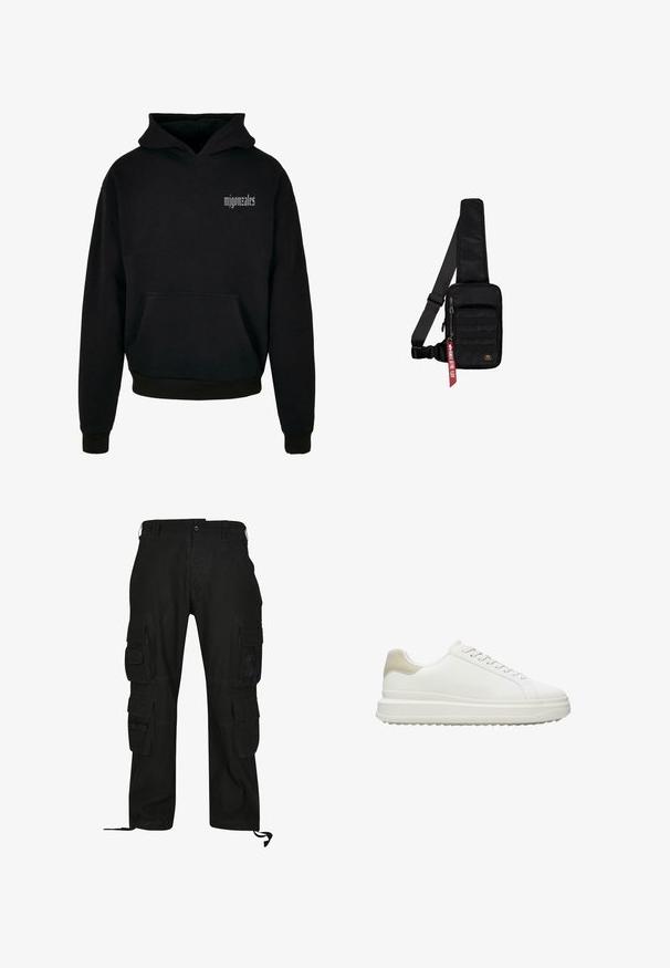 Zwarte hoodie in zachte stof met een voorzak, voorzien van een wit logo op de borst. Geribbelde manchetten en onderrand.; Zwarte cargobroek van duurzaam materiaal, met meerdere zijzakken, een relaxed fit en verstelbare enkelbanden.; Witte sneakers van glad leer met een gestructureerde beige hielaccent, voorzien van ronde veters, een laag profiel ontwerp en een rubberen buitenzool.; Zwarte schoudertas gemaakt van gestructureerde stof. Heeft een hoofdvak met rits, een voorvak met band, een verstelbare riem en een decoratief label.