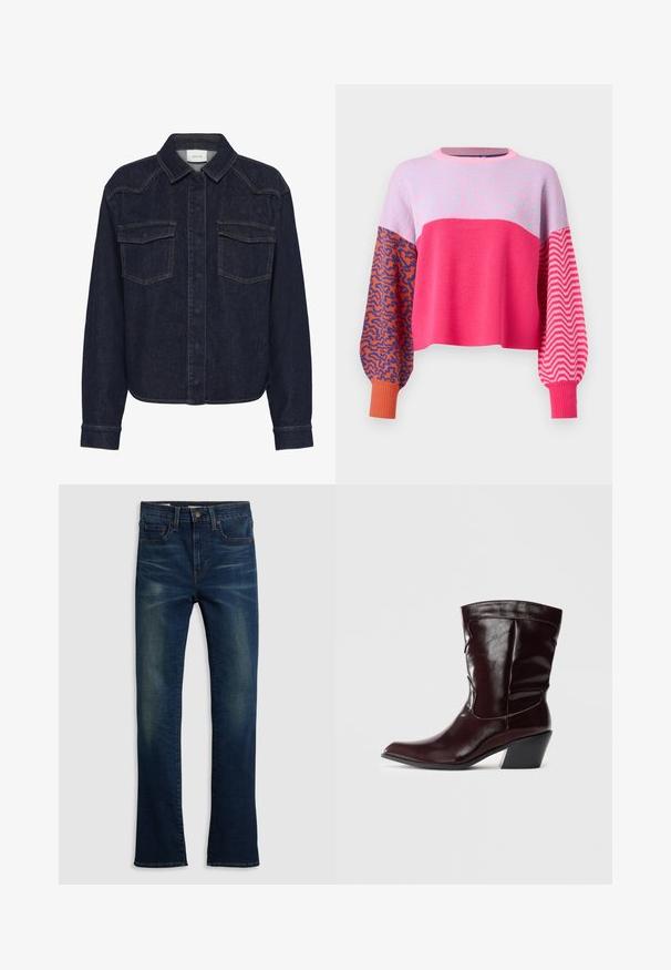 ONLY ONLHILLA MIX BOX ONECK - Pullover - raspberry sorbet; Veste en denim foncé avec un col, fermeture à boutons sur le devant, deux poches poitrine et manches longues. Surpiqûres contrastantes sur l'ensemble.; Jean en denim bleu foncé avec une coupe droite, style cinq poches et un léger délavage à l'avant.; Bottines en cuir bourgogne avec un bout pointu, une surface texturée et un petit talon effilé. Présente une couture discrète et un ajustement confortable.