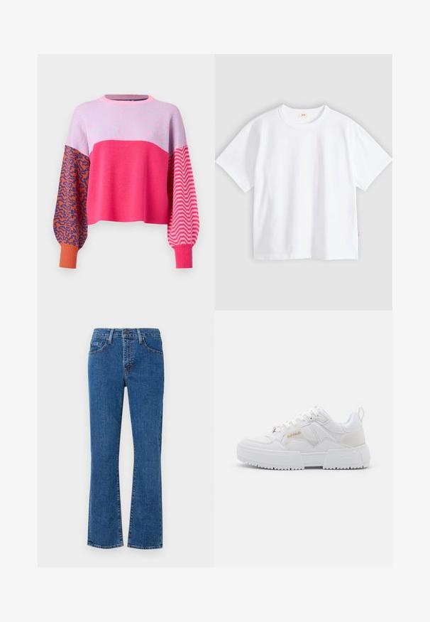 ONLY ONLHILLA MIX BOX ONECK - Trui - raspberry sorbet; Wit katoenen t-shirt met korte mouwen, ronde hals, losse pasvorm, gladde textuur en een klein logolabel aan de linker zijnnaad.; Lichtblauwe denim jeans met een rechte snit, vijf-pocket ontwerp en gestikte details. De stof is textuur met lichte vervaging.; Witte sneakers met een chunky ontwerp, gemaakt van leren en synthetische materialen, met textuurovereenkomsten, veters en een prominent logo in goud.