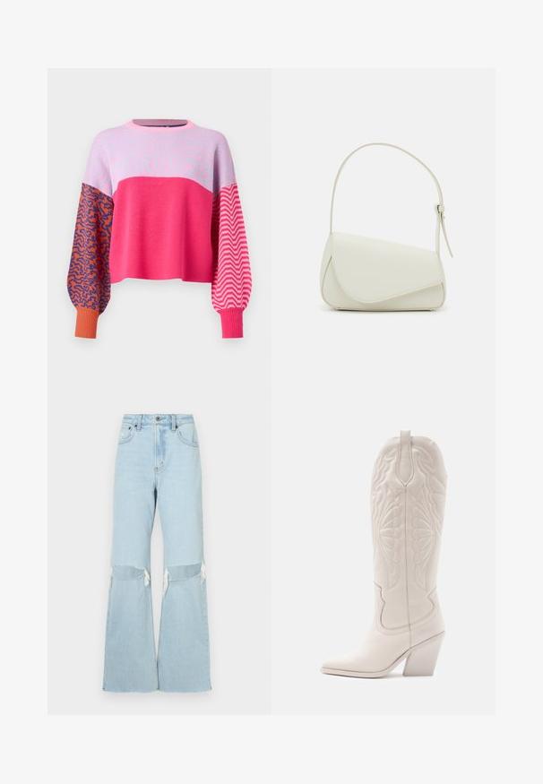 ONLY ONLHILLA MIX BOX ONECK - Trui - raspberry sorbet; Lichtblauwe denim wijde spijkerbroek met knie uitsparingen, rafelige zoom en hoge taille. Voorzien van een sluiting met knoop en rits aan de voorkant, en een klassieke vijf-pocket ontwerp.; Witte leren cowboylaars met een spitse neus en een vierkante hak. Heeft ingewikkelde stikpatronen op de schacht en een soepele textuur.; Witte nepleren handtas met een gestructureerde driehoekige vorm, een enkele verstelbare schouderriem en een klep met ronde accenten.