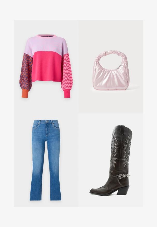 ONLY ONLHILLA MIX BOX ONECK - Pullover - raspberry sorbet; Jeans en denim bleu avec une jambe évasée, dotés d'une taille mi-haute, de cinq poches et d'une fermeture à bouton argent classique. Texture lisse.; Botte de cowboy en cuir noir avec découpes décoratives, boucle argentée et talon incliné, présentée sur fond blanc.; Sac à main rose rembourré avec un design arrondi, fabriqué à partir d'un matériau brillant. Dispose d'une poignée froncée et d'une fermeture éclair pour un accès sécurisé.