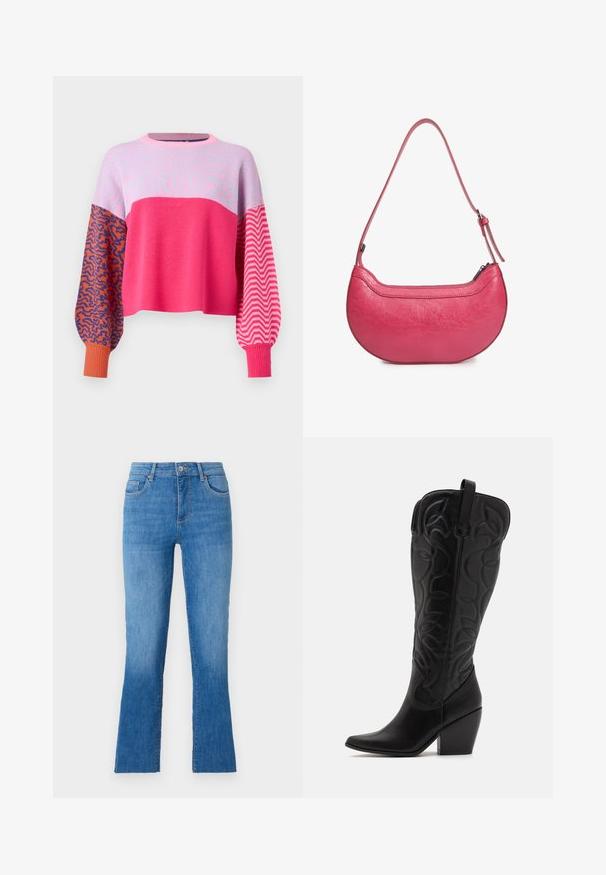 ONLY ONLHILLA MIX BOX ONECK - Pullover - raspberry sorbet; Jeans en denim bleu avec une jambe évasée, dotés d'une taille mi-haute, de cinq poches et d'une fermeture à bouton argent classique. Texture lisse.; Bottes hautes en cuir noir jusqu'aux genoux avec bout pointu et talon empilé. Caractéristiques de coutures décoratives et éléments de design courbés.; Sac à main en cuir rose avec une forme incurvée, une seule bandoulière réglable et une fermeture éclair sur le dessus. Fini texturé avec des plis visibles.