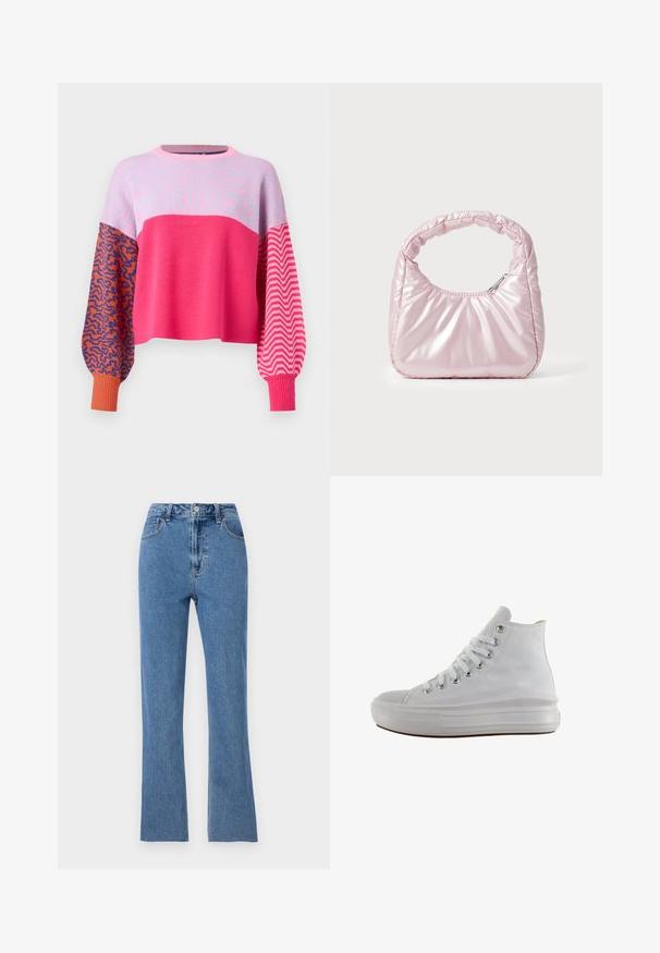 ONLY ONLHILLA MIX BOX ONECK - Trui - raspberry sorbet; Aangestrikte blauwe jeans van denim, met een hoge taille, flared pijpen en subtiele stikdetails. Klassiek vijf-pocket ontwerp.; Witte hoge canvas sneaker met witte veters, metalen oogjes, dikke rubberen zool en gestructureerde neuskap, naar links gericht op een witte achtergrond.; Roze, gevoerde handtas met een afgeronde vorm, gemaakt van glanzend materiaal. Beschikt over een geplooide handgreep en een ritssluiting voor veilige toegang.