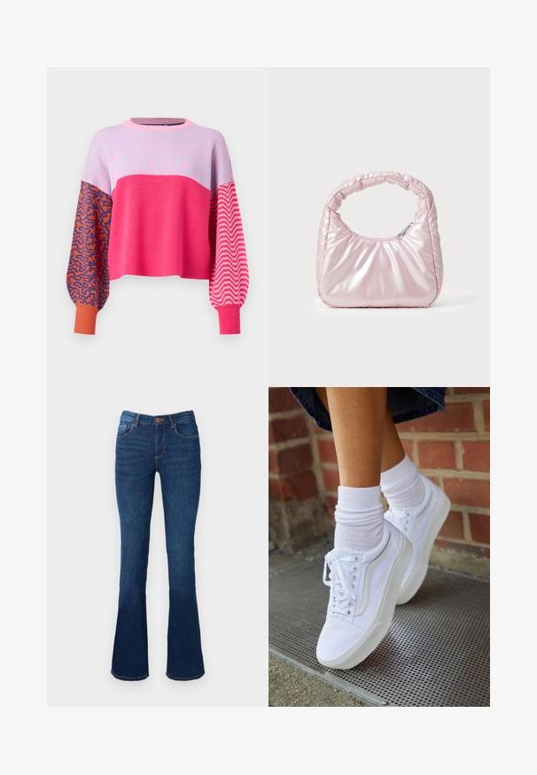 ONLY ONLHILLA MIX BOX ONECK - Striktrøje - raspberry sorbet; Bredde denim jeans i blå farve med mid-rise talje, der har for- og baglommer, orange syninger og knaplukning.; Hvide lærreds sneakers med gummisåler, der har seks snørehuller, rund tå og let sømdetaljer, krydret med hvide ankelstrømper.; Rosa, polstret håndtaske med afrundet design, lavet af skinnende materiale. Har et samlet håndtag og en lynlås til sikker adgang.