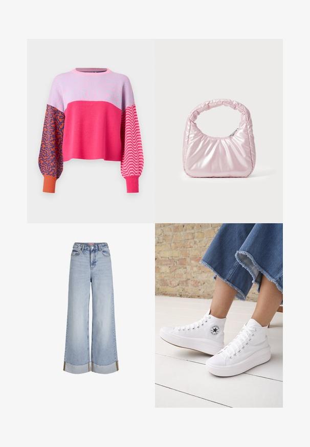 ONLY ONLHILLA MIX BOX ONECK - Jersey de punto - raspberry sorbet; Vaqueros de pierna ancha de color azul claro con cintura alta, dobladillos deshilachados y detalles de costura en contraste, fabricados en tejido de mezclilla.; Persona que lleva zapatillas Converse altas blancas con suelas gruesas y vaqueros azules recortados con dobladillo deshilachado frente a una pared de ladrillos y suelo blanco.; Bolso de mano acolchado en color rosa con un diseño redondeado, fabricado en material brillante. Presenta un asa fruncida y un cierre de cremallera para un acceso seguro.