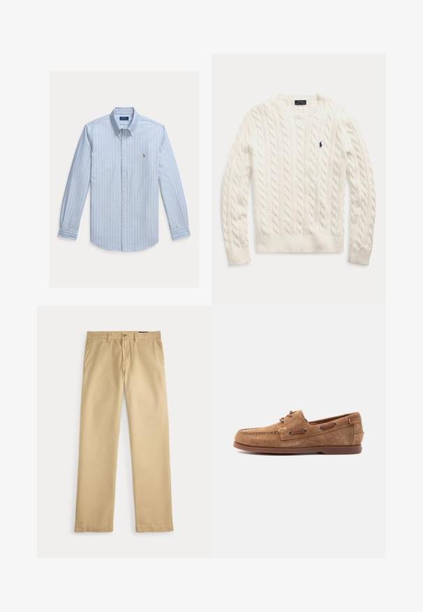Valkoinen palmikkoneulottu pitkähiha sweateri pyöreällä kaula-aukkolla ja pienellä tummansinisellä Polo Ralph Lauren -logolla vasemmassa rinnassa.; Vaaleansininen, pitkähihainen napillinen paita, jossa on valkoiset pystysuorat raidat ja pieni kirjailtu Polo Ralph Lauren -logo rinnassa.; Beigen väriset suoralahkeiset housut, joissa vyölenkit, sivutaskut ja napillinen vyötärönauha valkoisella taustalla.; Ruskea mokkanahkainen mokkasiini, jossa on nahkainen nyöritys, ommeltu kärki ja tasapohjainen kumipohja, kuvattuna sivulta vaalealla taustalla.