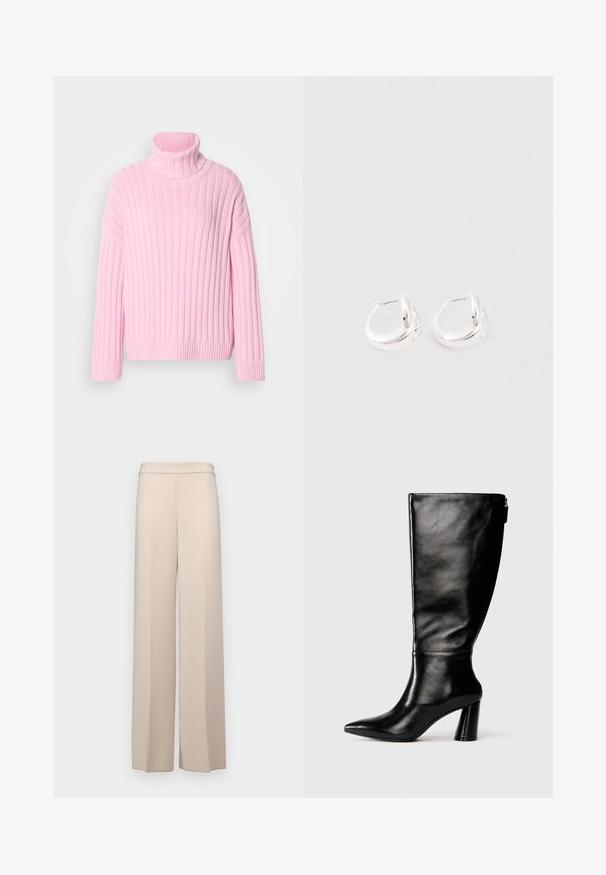 Pull à col roulé côtelé rose avec manches longues et coupe décontractée. Confectionné en maille douce, offrant une texture légère.; Pantalons larges beiges en tissu lisse, dotés d'une taille haute et de plis avant discrets. Pas de poches ni de détails en matériel visibles.; Botte en cuir noir à hauteur de genoux avec un bout pointu, une texture lisse et un talon épais. Elle présente un zip à l'arrière.; Boucles d'oreilles créoles en argent, avec un design torsadé, présentant une texture lisse et polie ainsi qu'un fermoir sécurisé.