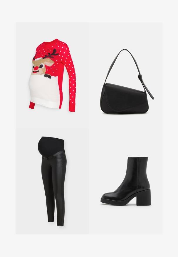 Vero Moda Maternity VMMICELAND XMAS - Striktrøje - chinese red; Sorte graviditetsleggings med paneler foran i imiteret læder og strækbart stof over maven for graviditetskomfort og støtte.; Sort læder ankelstøvle med rund tå og kraftig blokhæl. Glat tekstur, minimalistisk design og ingen synligt hardware eller detaljer.; Sort læderhåndtaske med en triangular form, skrå klap og et rundt håndtag. Har en glat overflade og minimalistiske design detaljer.