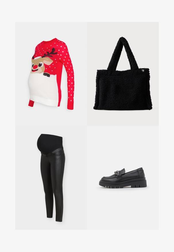 Vero Moda Maternity VMMICELAND XMAS - Strickpullover - chinese red; Schwarze Umstandsleggings mit vorderen Einsätzen aus Kunstleder und dehnbarem Stoff über dem Bauch für Komfort und Unterstützung während der Schwangerschaft.; Schwarze Slipper-Schuhe im Loafer-Stil mit einer klobigen Plateausohle, glattem Lederobermaterial, dekorativem Kettenakzent und leichtem Absatz mit eingekerbtem Detail.; Schwarze Handtasche aus Kunstfell mit weicher Textur, kurzen Griffen und rechteckiger Form. Auf einer Seite befindet sich ein kleines Logolabel.