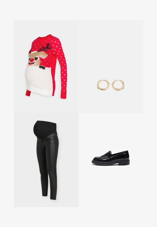 Vero Moda Maternity VMMICELAND XMAS - Trui - chinese red; Zwarte zwangerschapsleggings met voorpanelen van kunstleer en rekbare stof over de buik voor comfort en ondersteuning tijdens de zwangerschap.; Zwarte leren loafers met een sleek design, voorzien van een ronde neus, decoratieve franjes en een lage, getextureerde rubberen zool.; Gouden creolen met een textuur en onregelmatige vorm. Voorzien van een naadloze sluiting en een gepolijste afwerking, wat het moderne ontwerp benadrukt.