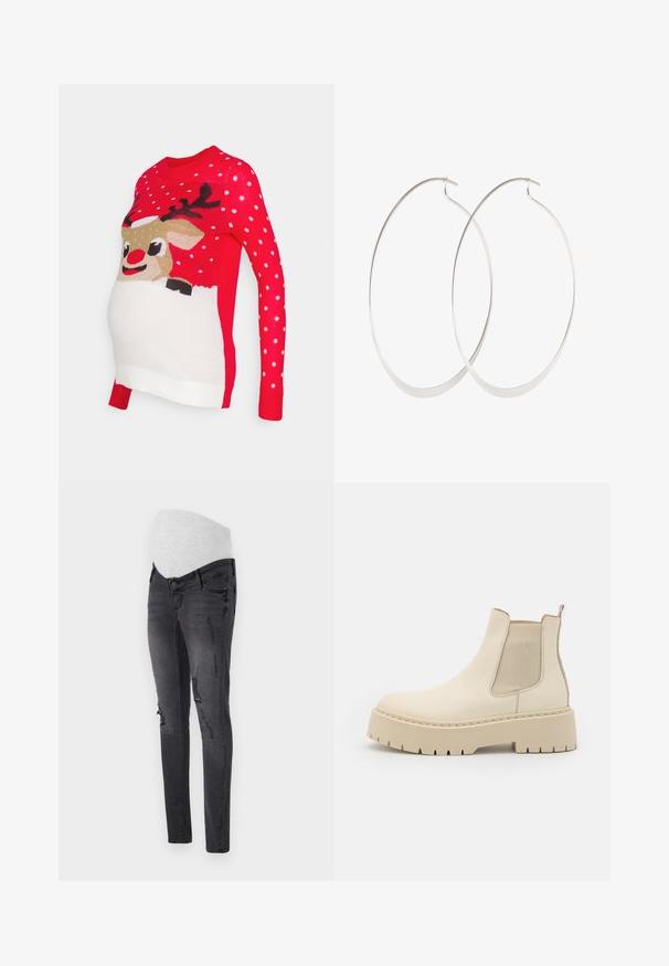 Vero Moda Maternity VMMICELAND XMAS - Svetrík - chinese red; Tehotenské jeansy v tmavosivej džínsovine s pružným pásom, s vyblednutými detailami a priliehavým strihom.; Béžové kožené Chelsea čižmy s elastickými bočnými panelmi, masívnou platformou a textúrovanými detailmi. Obsahujú pútko na zadnej strane a detailné šitie.; Strieborné kruhové náušnice s tenkým, hladkým dizajnom; predĺžený oválny tvar; lesklý povrch; majú bezpečné uzatváranie na háčik.