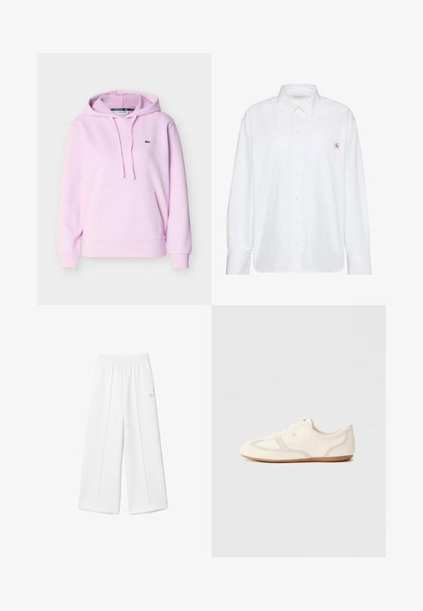 Lichtroze hoodie met capuchon, zak aan de voorkant, trekkoorden, geribbelde manchetten en een klein groen krokodillenlogo op de borst.; Wit overhemd met lange mouwen, knopen, een puntige kraag en een klein Calvin Klein-logo op het linker borstzakje.; Witte wijde broek met een elastische tailleband, zachte stofstructuur, centrale plooien en een klein geborduurd Lacoste-logo aan de zijkant.; Crème-witte sneakers met een bovenwerk van suède en stof, een afgeronde neus en een rubberen zool met een beige accentdetail. Vetersluiting.