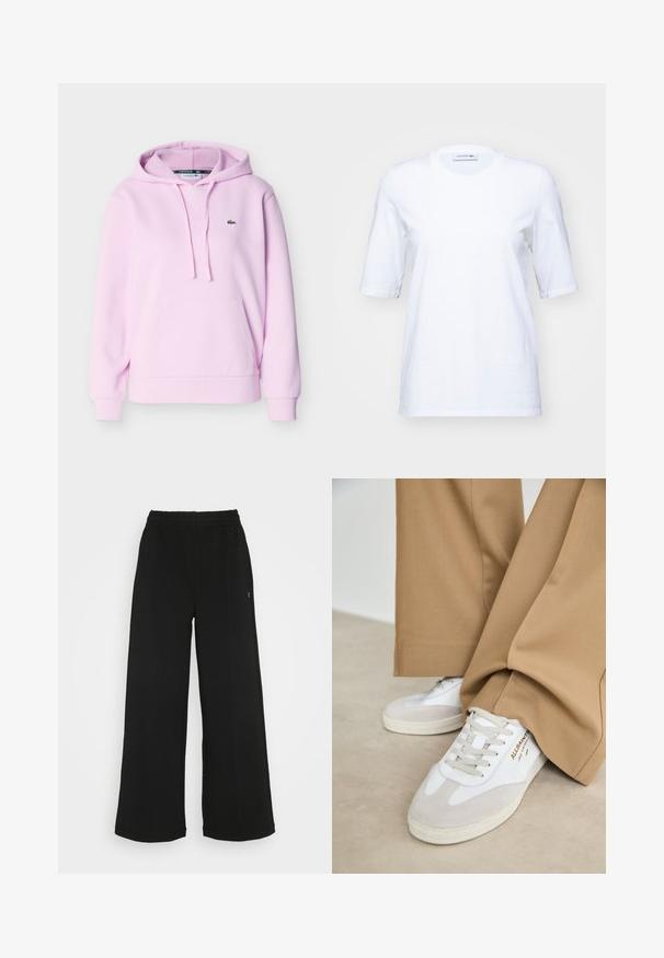 Lichtroze hoodie met capuchon, zak aan de voorkant, trekkoorden, geribbelde manchetten en een klein groen krokodillenlogo op de borst.; Witte katoenen T-shirt met korte mouwen, ronde halslijn en een subtiele geborduurde logo op de borst. Vlotte textuur, klassieke pasvorm.; Zwarte wijde broek met een elastische tailleband. Gemaakt van een zachte, lichte stof. Heeft verticale naden aan de voorkant.; Witte sneakers met suède accenten, gestructureerde veters en een rubberen zool. Gecombineerd met losse beige broek. Logo zichtbaar aan de zijkant.