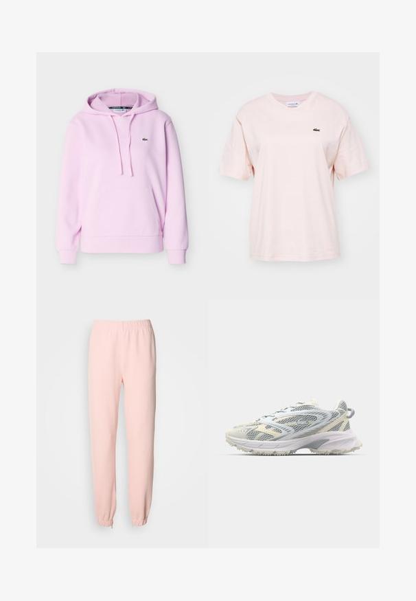 Sweatshirt à capuche rose clair avec poche avant, cordons, poignets côtelés et petit logo crocodile vert sur la poitrine.; T-shirt en coton rose clair avec des manches courtes, col rond et petit logo vert Lacoste sur la poitrine gauche. Texture douce, coupe décontractée.; Pantalons de survêtement rose pâle avec taille élastique, jambes fuselées et poignets élastiques froncés aux chevilles sur un fond uni.; Chaussure de sport en mesh gris et crème, avec une tige texturée, un embout renforcé et une semelle extérieure robuste de couleur claire pour une bonne adhérence.