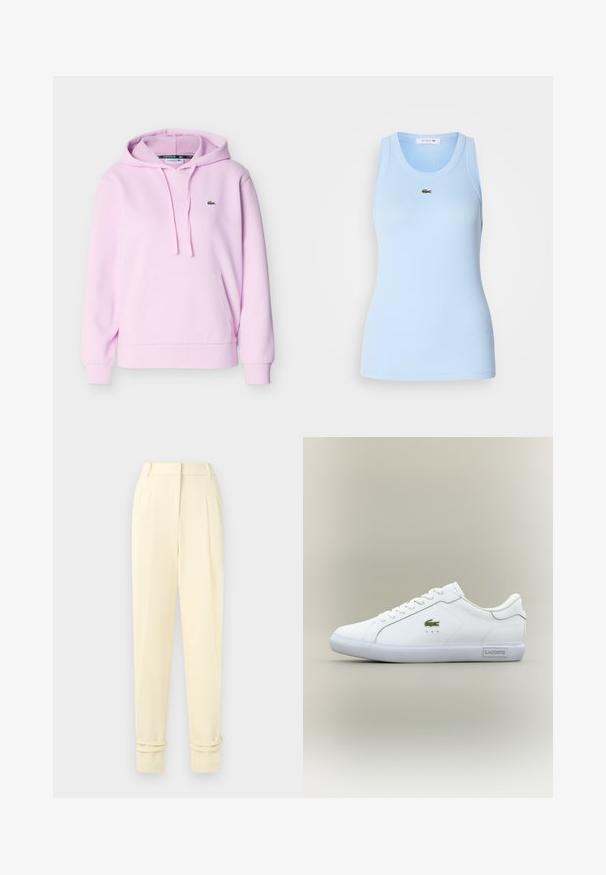 Sweatshirt à capuche rose clair avec poche avant, cordons, poignets côtelés et petit logo crocodile vert sur la poitrine.; Top sans manches bleu clair en tissu côtelé, avec un col rond et un petit logo vert Lacoste sur la poitrine. Texture lisse.; Pantalon tailleur crème taille haute avec plis, jambes fuselées et revers roulés aux chevilles, présenté sur un fond uni.; Baskets basses blanches avec lacets blancs, logo crocodile vert sur le côté et étiquette "Lacoste" sur la semelle, le tout sur un fond neutre.