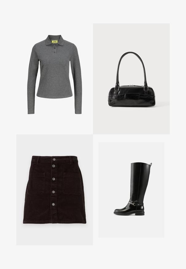 Mørkegrå poloshirt med lange ærmer, tre knapper og ribstrikket stof, med en gul JJXX-label inde i kraven.; Brun corduroy nederdel med et tætsiddende design, frontlukning med knapper, to sidelommer og lodret ribbet tekstur hele vejen igennem.; Sorte knæhøje støvler lavet af blankt læder med en sølvfarvet spænde ved anklen og rundet snude. Flad sål.; Sort læderhåndtaske med rektangulær form, der har et enkelt struktureret håndtag, sølvhardware og lynlås-lukning. Glat tekstur.