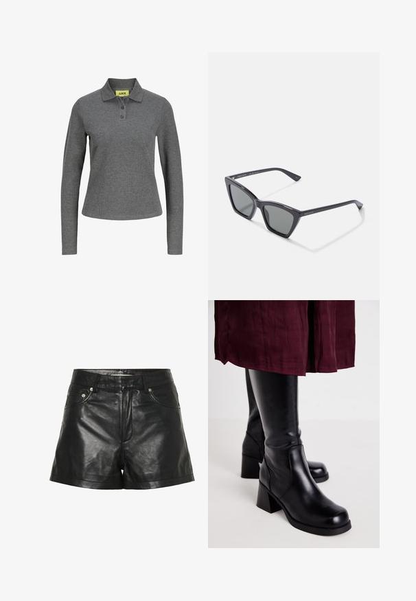 Donkergrijs poloshirt met lange mouw, drie knopen en geribd stof, met een geel JJXX-label aan de binnenkant van de kraag.; Zwarte leren shorts met een gladde, glanzende textuur, voorzien van zijzakken, metallic accenten en een aansluitend tailleontwerp.; Zwarte kniehoge laarzen met een zachte leren afwerking, rechthoekige blokhakken en een details van zijstiksels, gecombineerd met een bordeauxrode rok.; Zwarte plastic zonnebril met een geometrische cat-eye vorm, donkergrijze lenzen en een matte afwerking. Bevat zilveren branding op de poten.