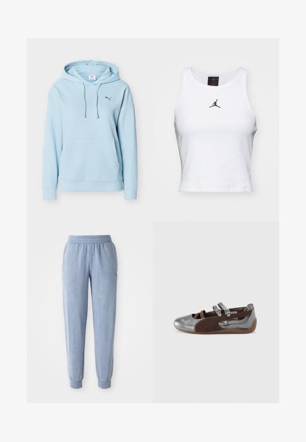 Lichtblauwe Puma-hoodie met voorzak in kangoeroestijl, capuchon met trekkoorden, geribbelde manchetten en een klein Puma-logo op de borst.; Witte crop tanktop van katoen met een ribbeltextuur. Beschikt over een zwart Jordan-logo in het midden en een klassieke ronde hals.; Blauwe trainingsbroek van zacht stof met een elastische tailleband en boorden; voorzien van een subtiele textuur en een klein logo aan één zijde.; Grijze en bruine ballerina met een glanzende zilveren neuskap. Heeft twee verstelbare banden en een gestructureerd detail aan de zijkant. Rubberzool.
