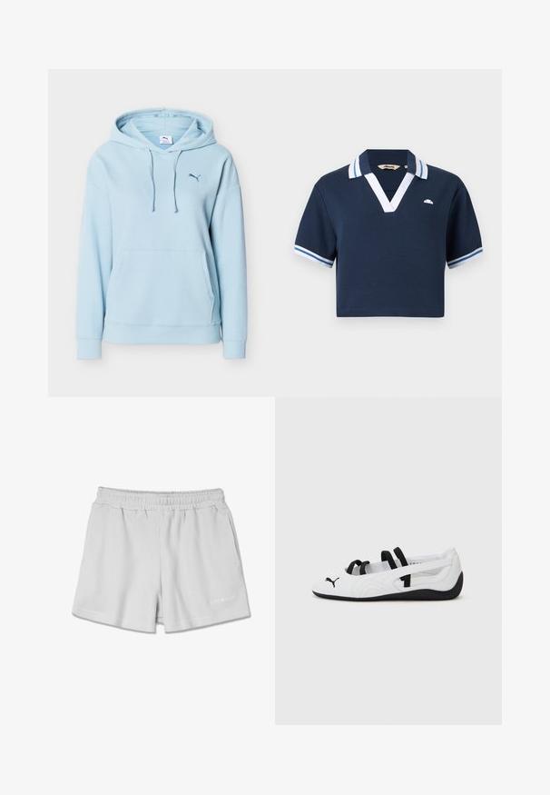 Lichtblauwe Puma-hoodie met voorzak in kangoeroestijl, capuchon met trekkoorden, geribbelde manchetten en een klein Puma-logo op de borst.; Navyblauw poloshirt met korte mouwen, witte en lichtblauwe gestreepte kraag en manchetten, diepe V-hals en een klein logo op de linkerborst.; Lichtgrijze geribbelde shorts met een elastische tailleband, voorzien van twee zijzakken en een klein wit logo rechtsonder.; Witte sportieve schoenen met zwarte accenten, met een ronde neus, elastische banden en een gestructureerde rubberen zool. Puma-logo aan de voorkant.