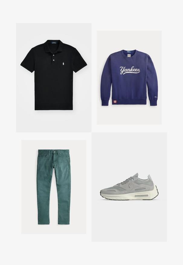 Marineblaues Sweatshirt aus weichem Stoff mit weißem "Yankees"-Schriftzug auf der Vorderseite, gerippten Bündchen und Saum sowie einem roten Polo-Label.; Schwarzes Poloshirt aus Baumwolle mit einem klassischen Kragen, einer Drei-Knopf-Leiste, kurzen Ärmeln und einem weißen Logo auf der linken Brust.; Grüne Jeans aus Baumwolle mit schmaler Passform. Verfügt über zwei frontale Taschen, einen Reißverschluss und Kontrastnähte. Glatte Textur, einheitliche Farbe.; Grauer Velours- und Mesh-Sneaker mit weißer Plateausohle und Ralph Lauren Logo an der Seite und Sohle, Ansicht von der Innenseite.
